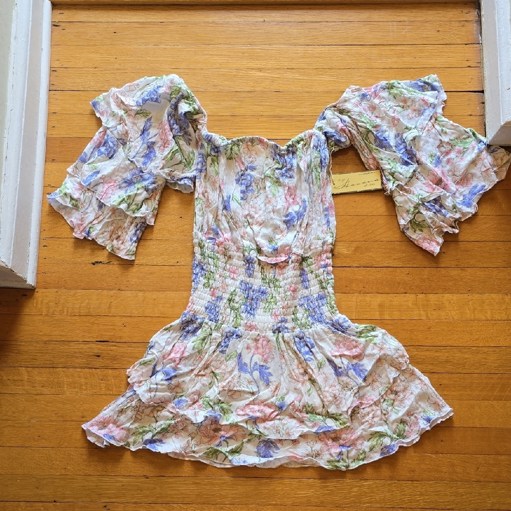 NWT, Vintage Havana, Floral Off Shoulder Smocked Tiered Mini Dress, Women's S